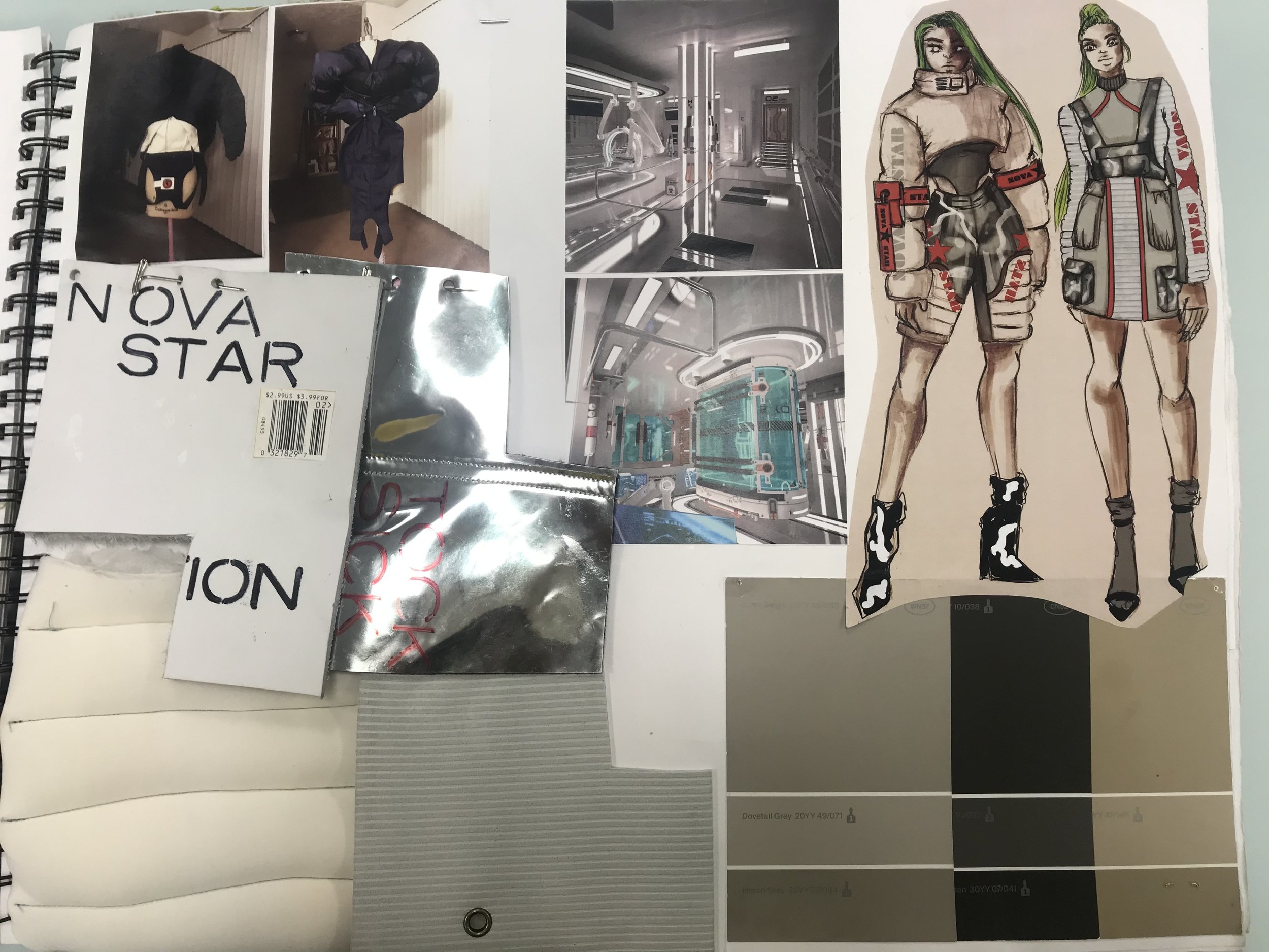 A collage of fashion sketches, fabric swatches, color palettes, and photos of futuristic interior designs with two illustrated fashion figures wearing high-tech, edgy clothing.