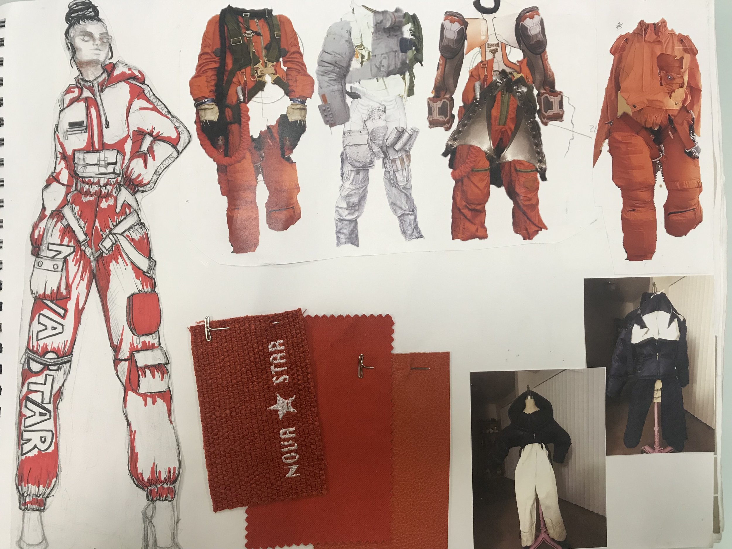 Collection of astronaut suit designs and fabric swatches, including sketches, colored illustrations, fabric samples, and photographs of assembled suits.