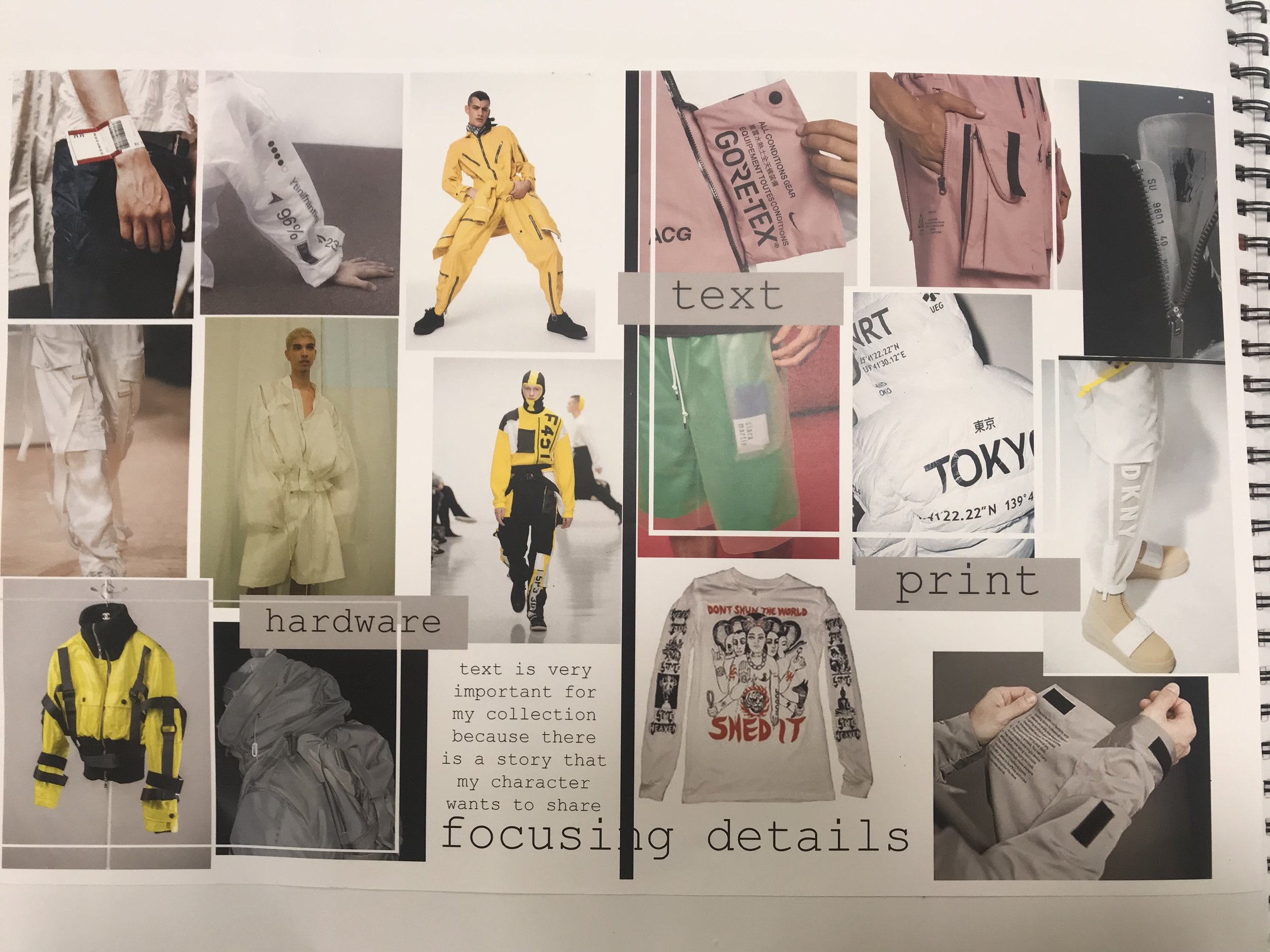 Collage of fashion photographs and fabric samples with text overlays including "hardware," "text," "print," and "focusing details."