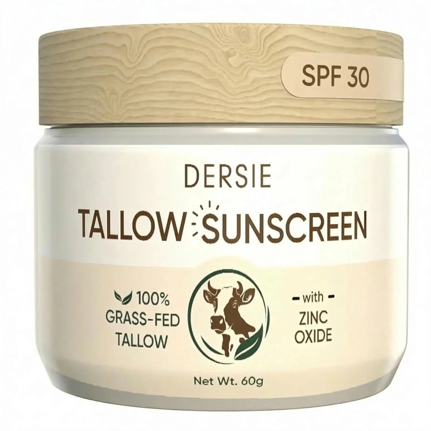 Container of DerSie Tallow Sunscreen with SPF 30, 60 grams, made from 100% grass-fed tallow, featuring a wooden-textured lid and a label with a cow illustration.