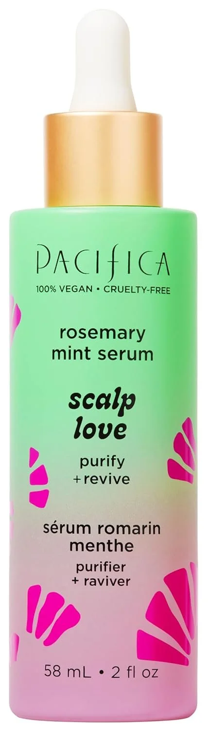 A green bottle of Pacifica Rosemary Mint Serum with a white dropper cap and gold collar, featuring pink leaf designs and text indicating it is vegan and cruelty-free.