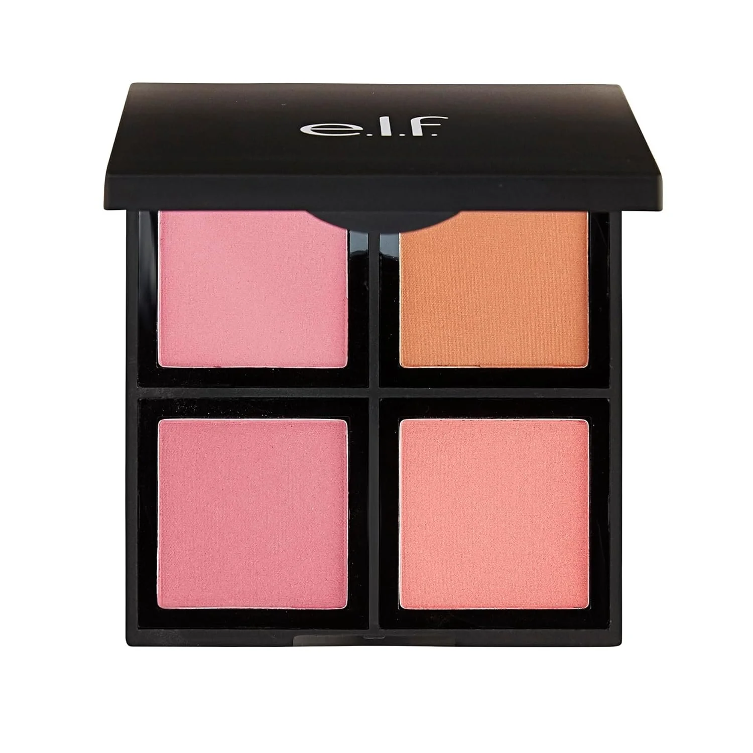 A black makeup palette with four blush shades in pink and peach colors.