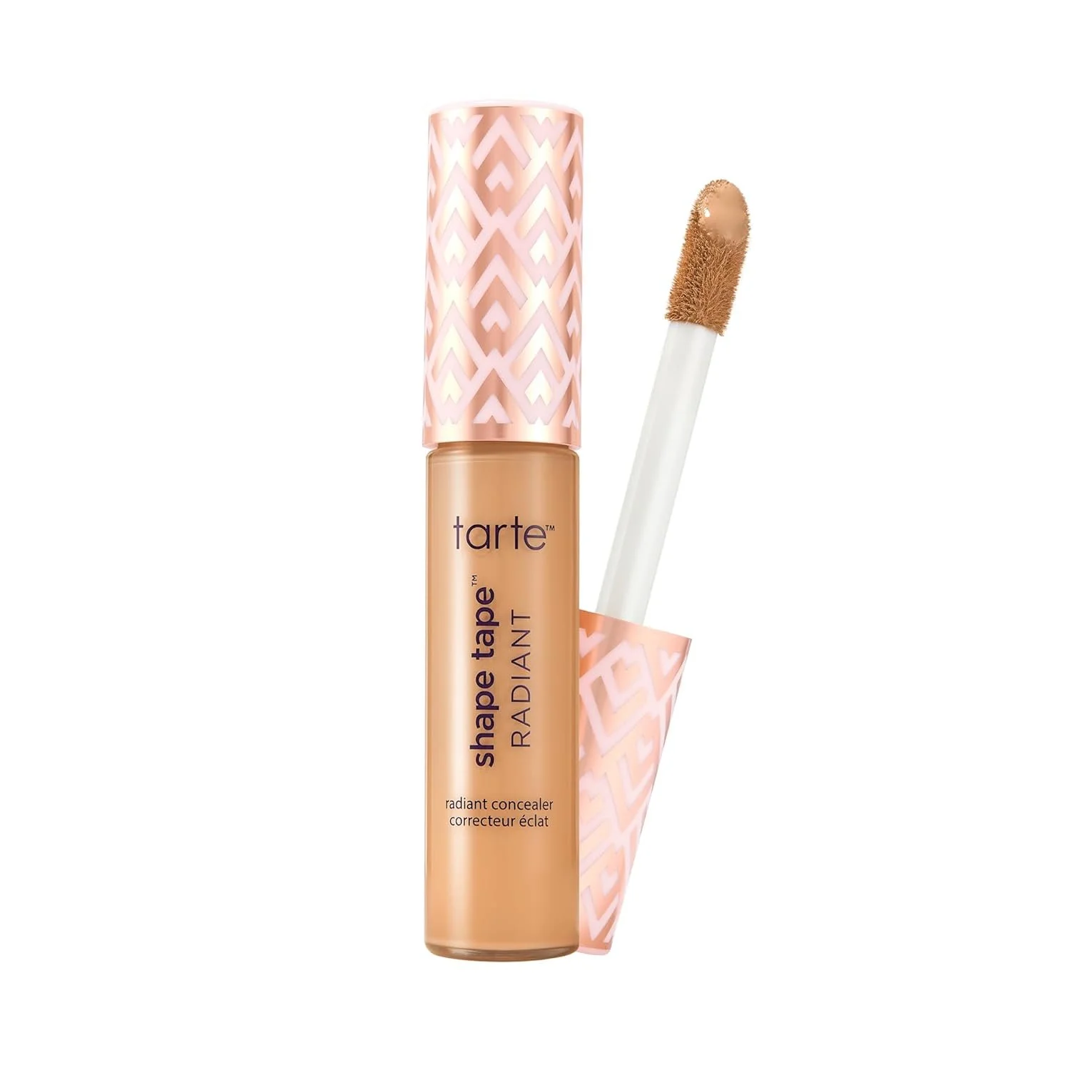 A tube of Tarte Shape Tape Radiant Concealer with its applicator wand partially removed, showing the doe-foot tip.
