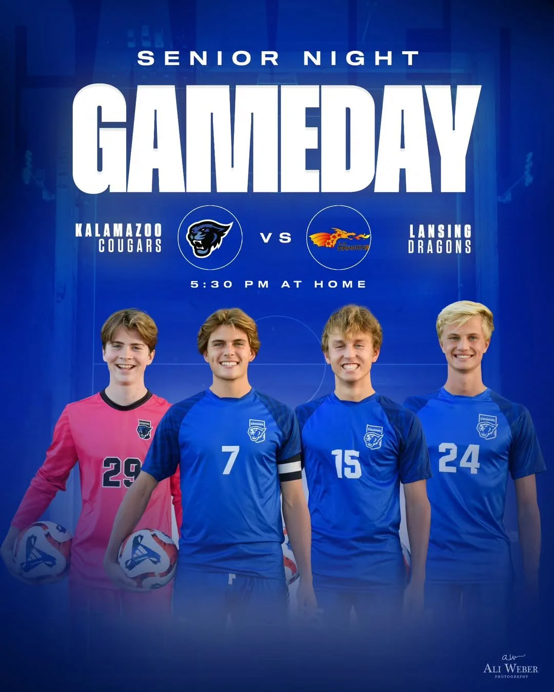 GAMEDAY &ndash; SENIOR NIGHT! 
Cougar Nation, tonight we celebrate our incredible Seniors!

📅 Tonight vs Lansing Dragons
@ Kalamazoo Soccer Complex

4 pm: JV &amp; Middle School
5:30pm: Varsity (Senior recognition)

Lets Go, Cougars!⚽️💙

Follow @ka