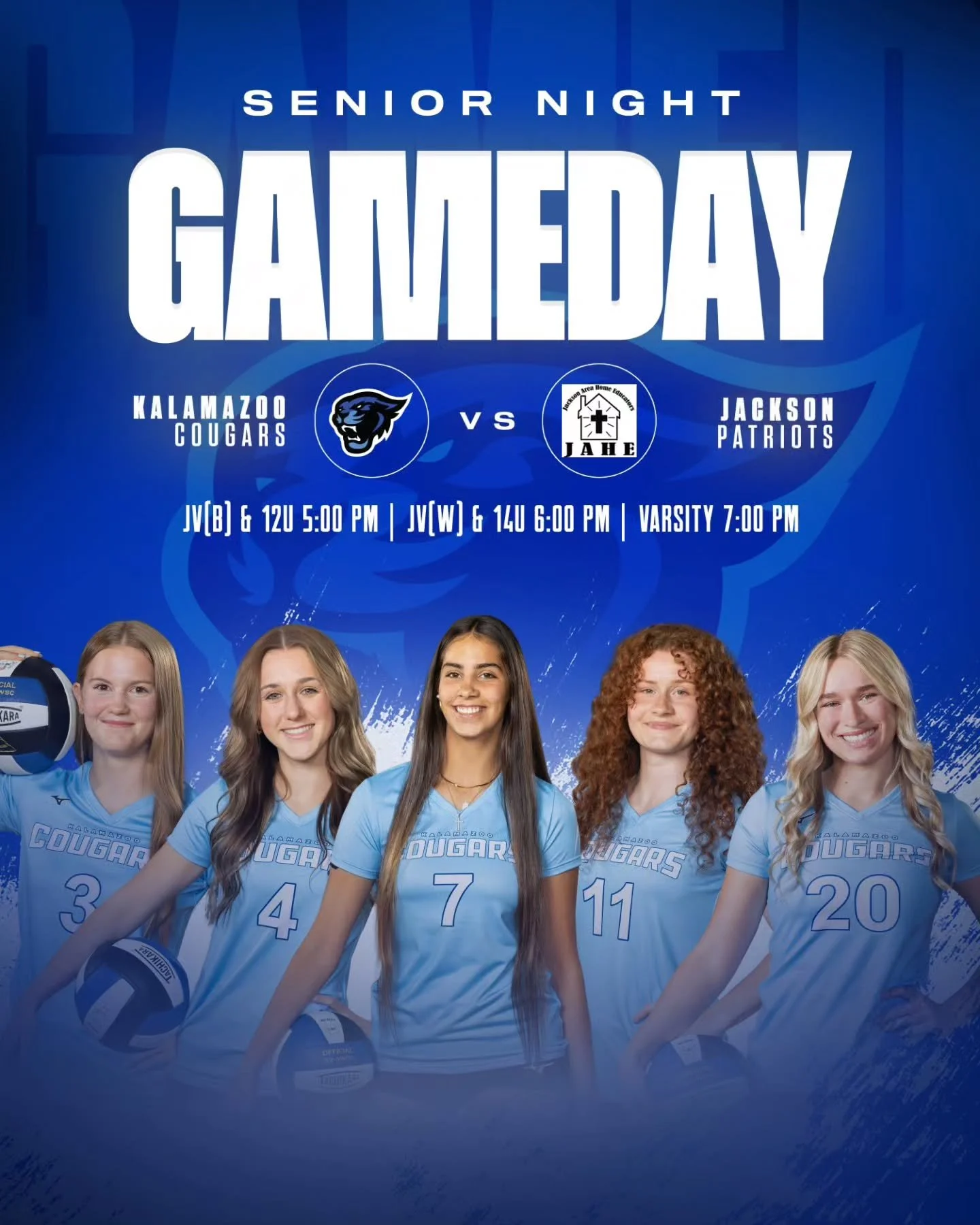 Senior night is Cougar Spirit Night!
Monday October 20 vs. Jackson at The Point
5:00 - 12U and JV Blue 
6:00 - 14U and JV White
7:00 - Senior Recognition & Varsity Game 
$1.00 admission for anyone who wears Cougar gear!
Get decked out in Coug
