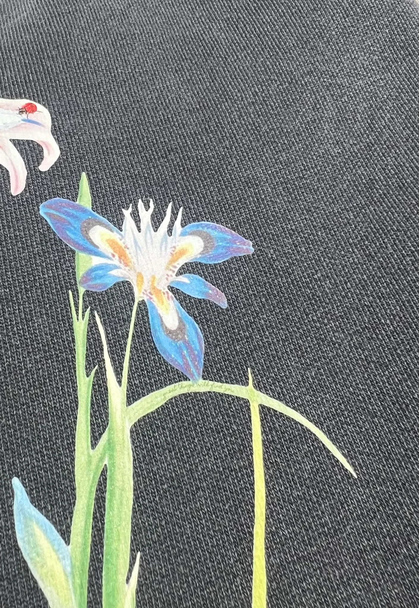 Close up of Gray sweatshirt with wildflower bloom