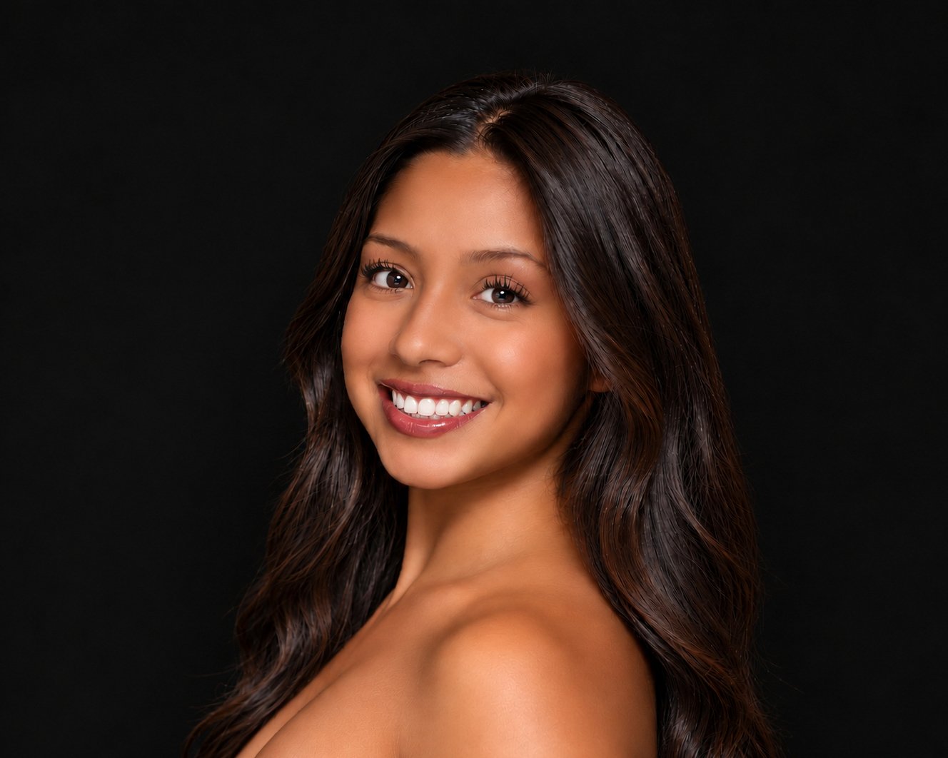 A young woman smiling with earrings, necklace, and an elegant updo hairstyle against a black background.