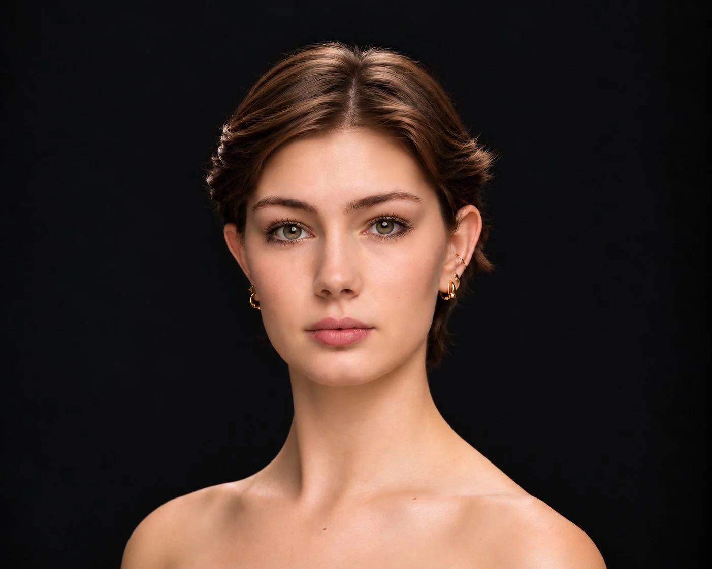 Close-up portrait of a young woman with short brown hair, green eyes, and light makeup, wearing multiple earrings, against a dark background.