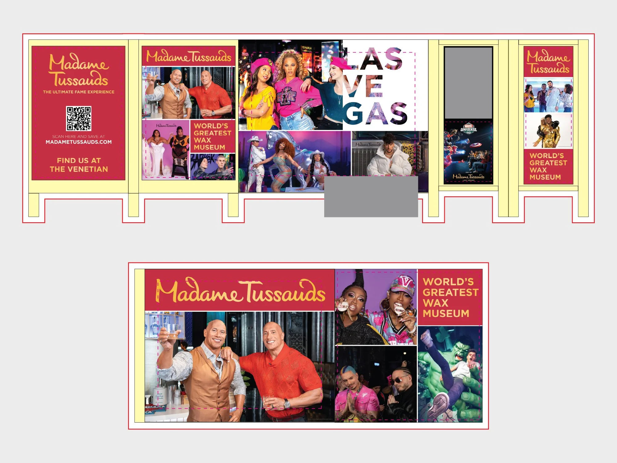 Bus shelter wrap for Madame Tussauds Las Vegas located outside The Sphere production files