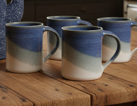 Set of 4 Handmade Pottery -Ivory and Twilight-- Large 14 oz Stoneware Mugs
