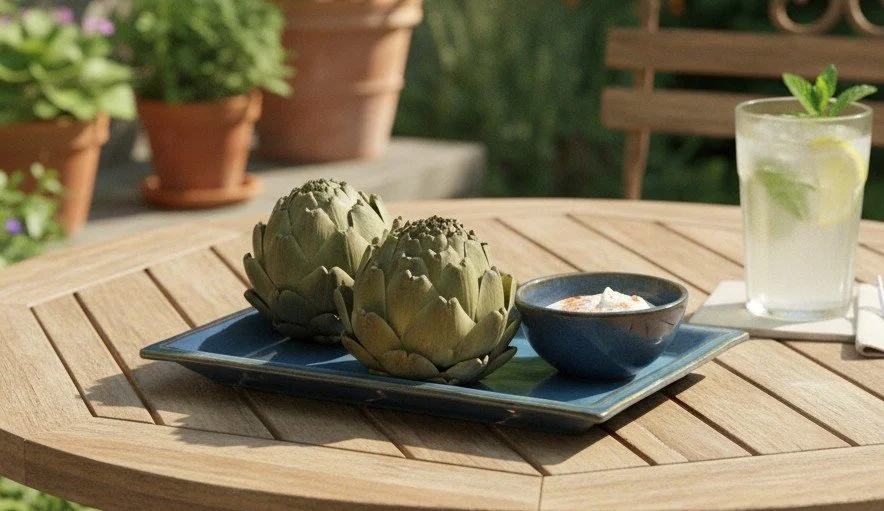Two artichokes on a blue serving dish with dipping sauce, and a glass of lemonade with lemon and mint on a wooden outdoor table.