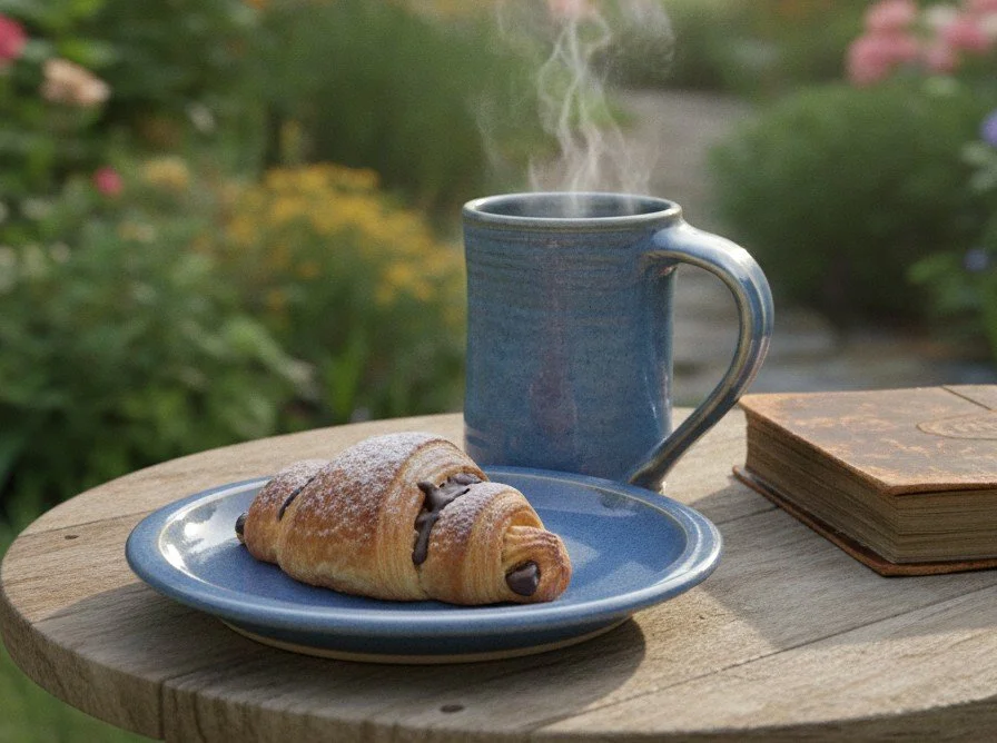 mug, croissant, plate in garden.jpeg