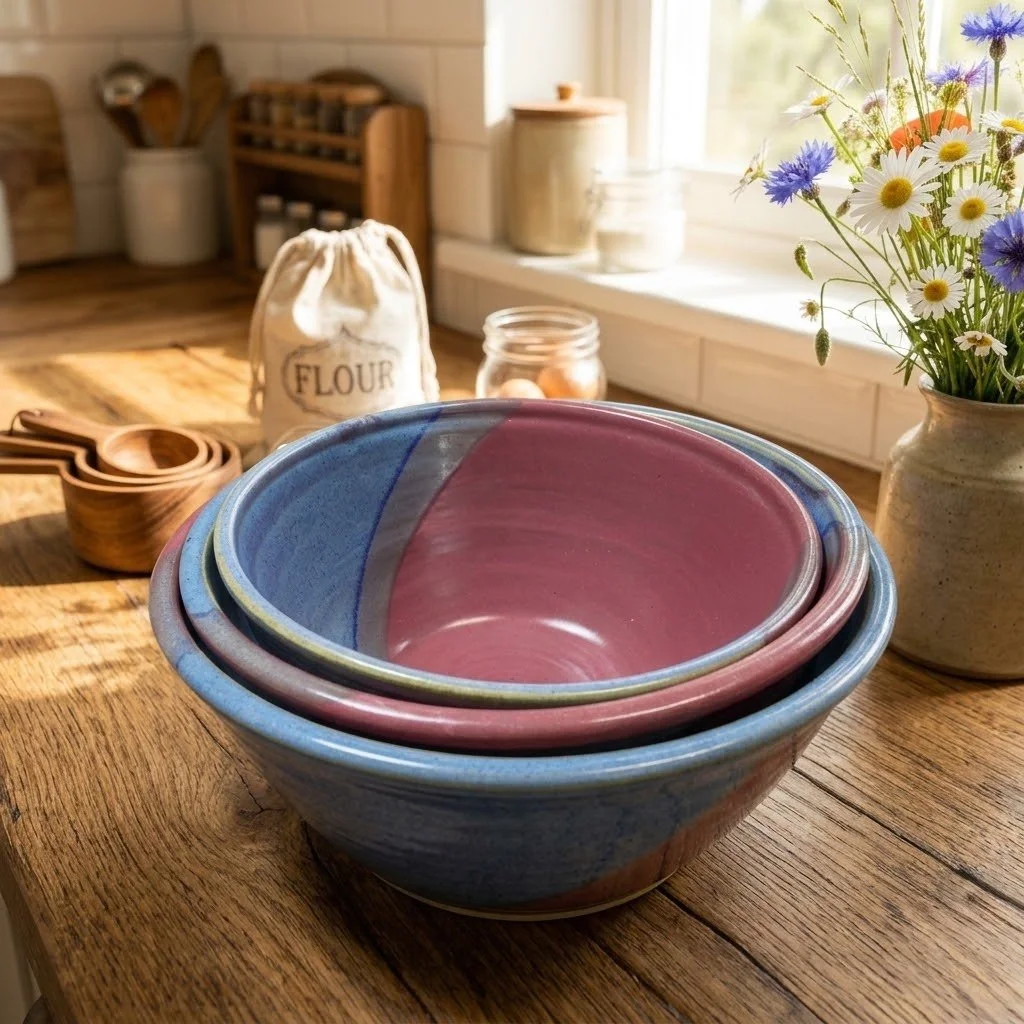 Handmade Pottery Set of 3 Nesting Bowl Set--Raspberry Twilight