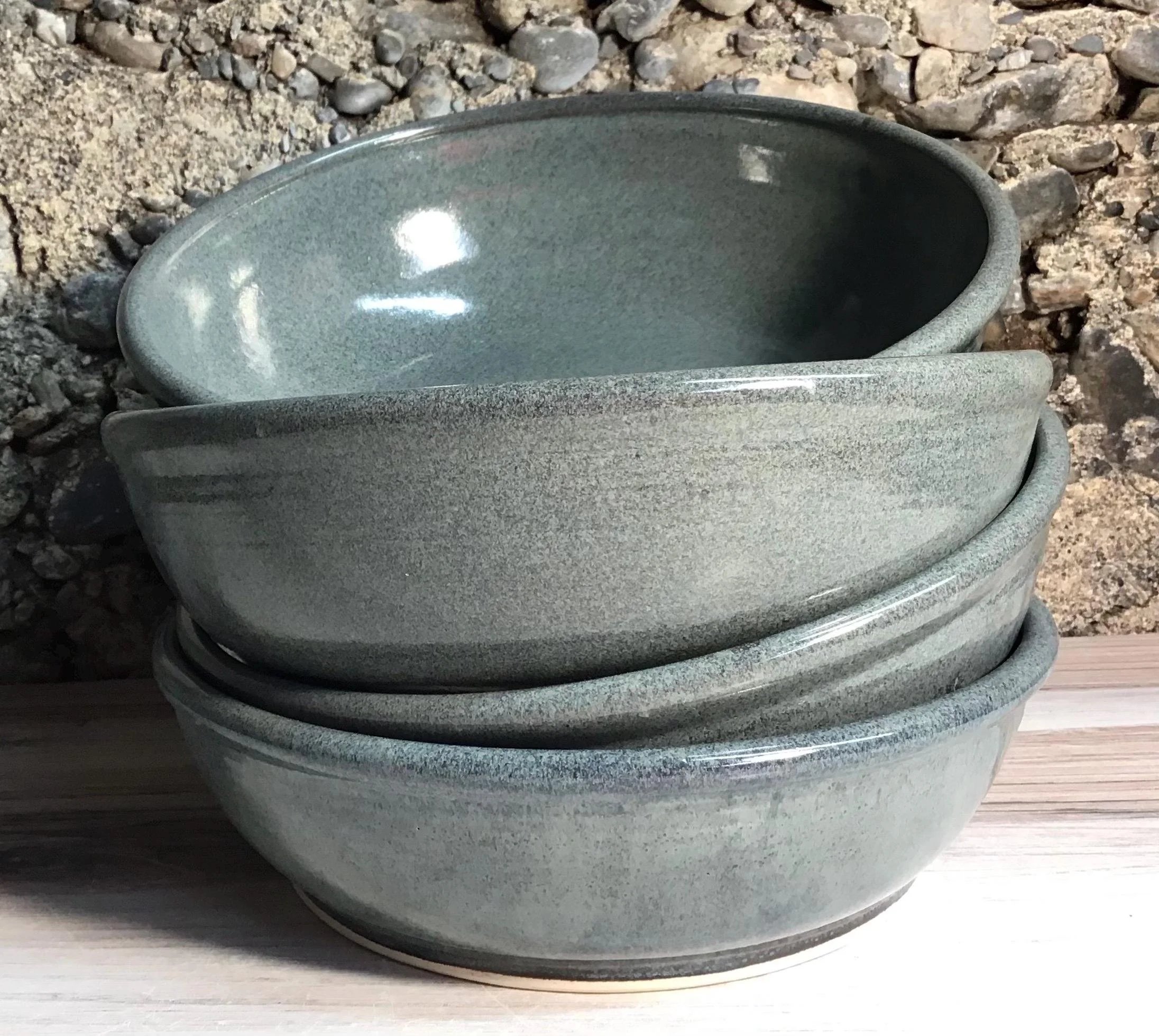 Beautiful handmade 5 cup pasta bowls. The glaze evokes river rocks, a slate gray with green and blue undertones.