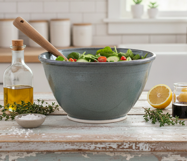 A large gray bowl of fresh salad with leafy greens, cucumbers, and cherry tomatoes on a rustic wooden table, with lemon, oil, herbs, and seasoning around it in a bright kitchen.