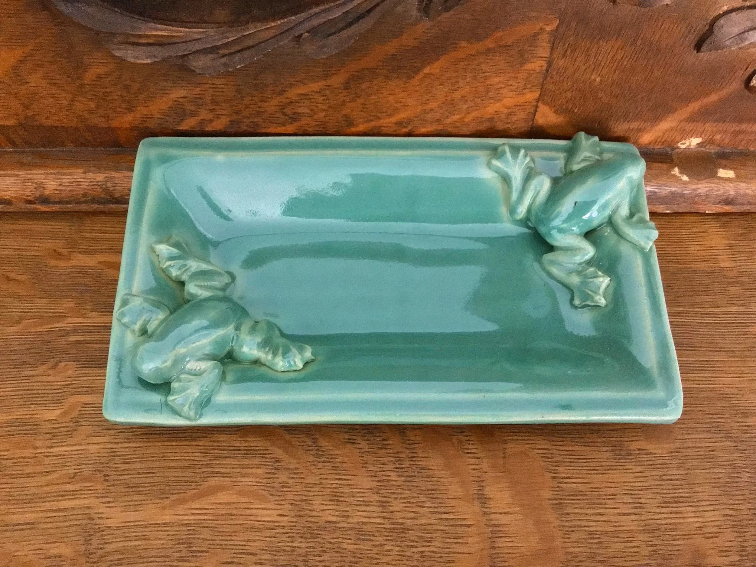Handmade Stoneware Frog Tray--Fern/Fern Frogs