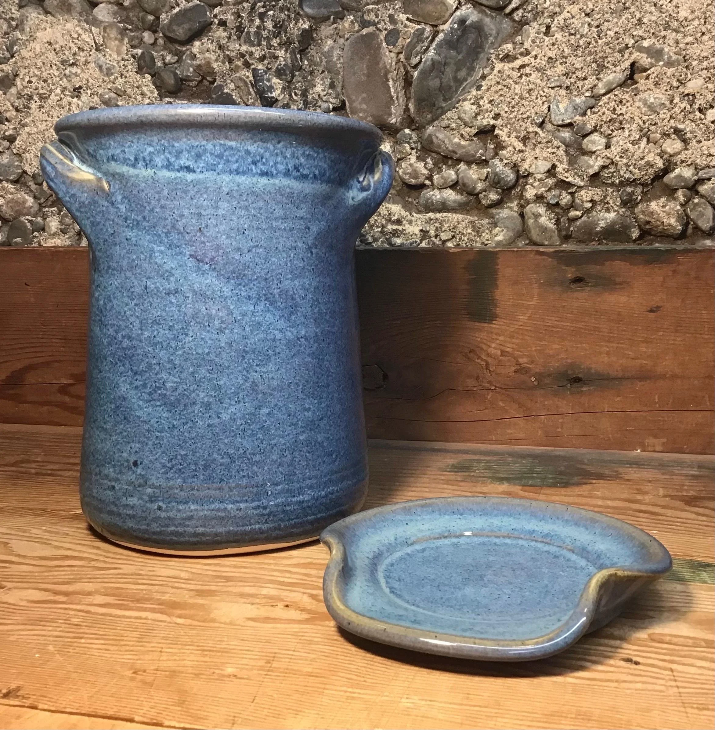 Pottery Spoon Jar and Spoon Rest Set--Choose your glaze--Ceramic Countertop Set--Stoneware Utensil Holder and Rest