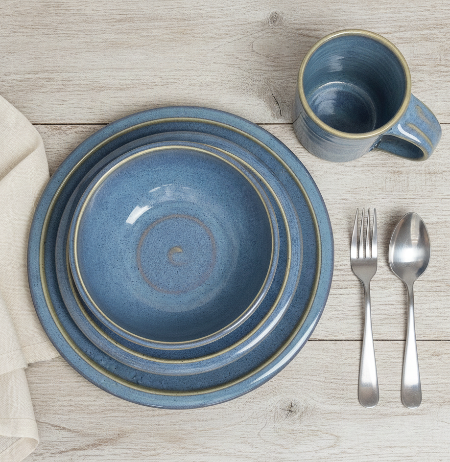 Set of Four 4-piece place setting--Handmade Pottery Dinnerware--stoneware place setting--Twilight-- Ceramic Dinner Plate, Salad Plate, Bowl and Mug