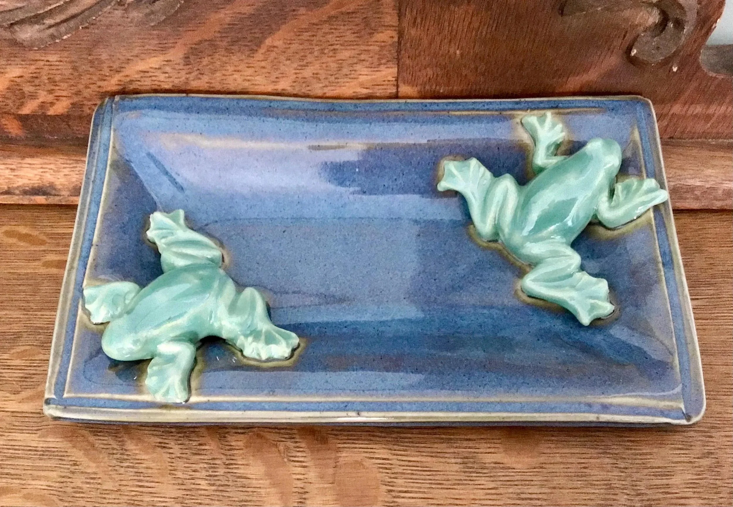 Handmade Stoneware Frog Tray-Twilight Tray with Fern Frogs
