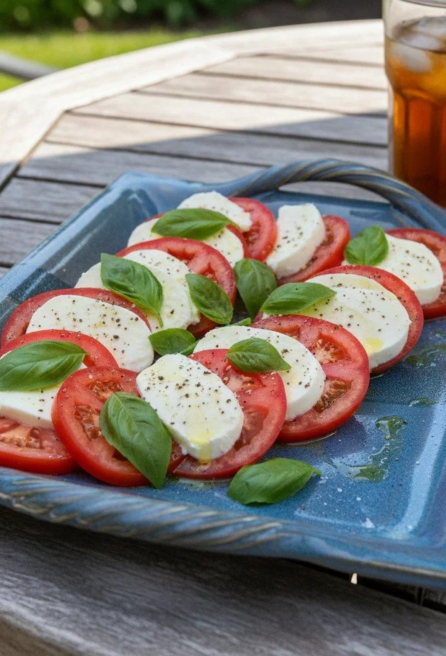 Caprese salad with sliced tomatoes, fresh mozzarella, basil leaves, and black pepper on a blue plate.