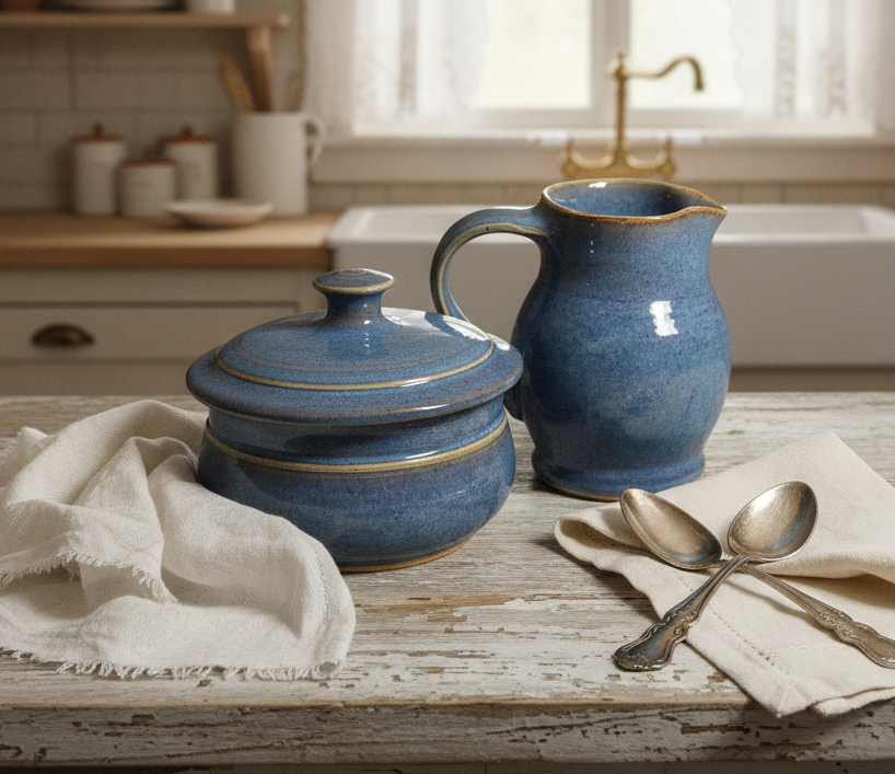 Creamer and Sugar Set--Handmade Pottery Cream and Sugar Set with lid--Twilight