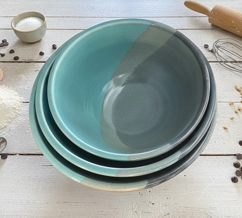 Set of 3 Handmade Pottery Nesting Bowls--Slate Aqua--Ceramic Mixing and Serving Bowls