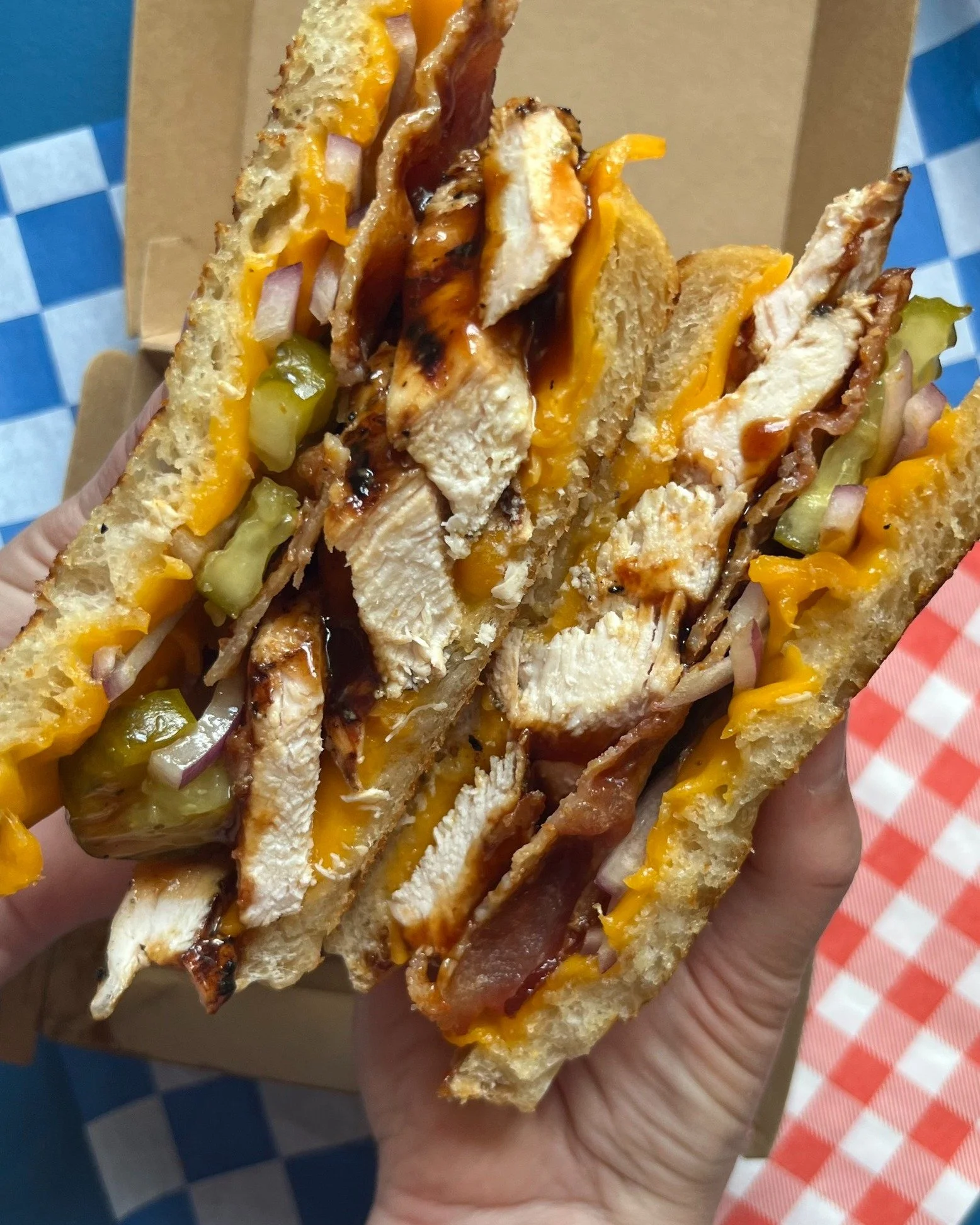 Saucy, melty, crispy-edged goodness for Friday lunch. 🥪🔥 The BBQ Grilled Chicken Melt is on today and made to order with bacon, pickles, red onion, and cheddar on griddled sourdough, don&rsquo;t forget to grab a few extra napkins. Here is the Frida