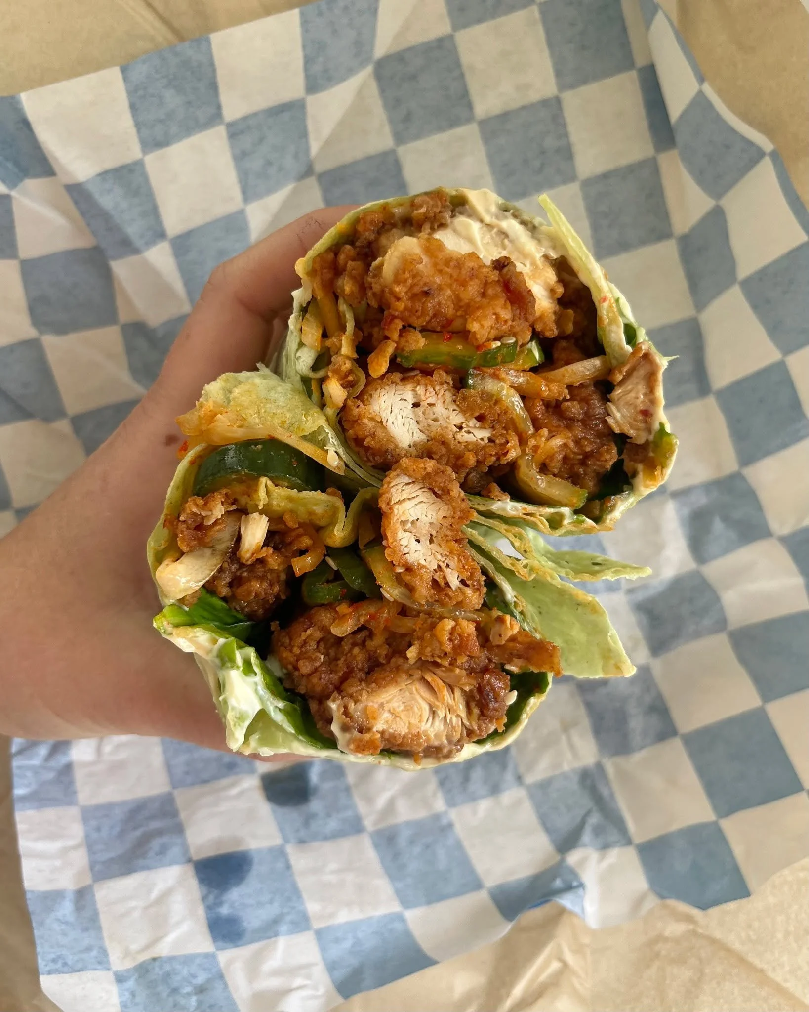 It's the last few days of our May menu! Korean Crispy Chicken Wraps are on today, with Spring Pea soup, Wedge Salads, and our Grilled Vegetable. Stop in and grab a bite, the MARKET is open 10am to 4pm. 💙🥪 #ginghammarket