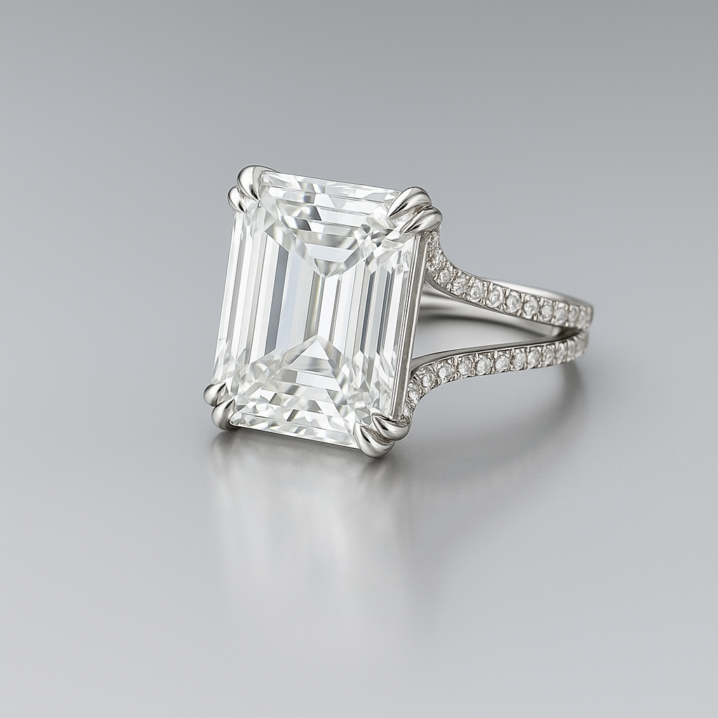 A silver ring with a large emerald-cut diamond in the center, surrounded by smaller diamonds on the band.