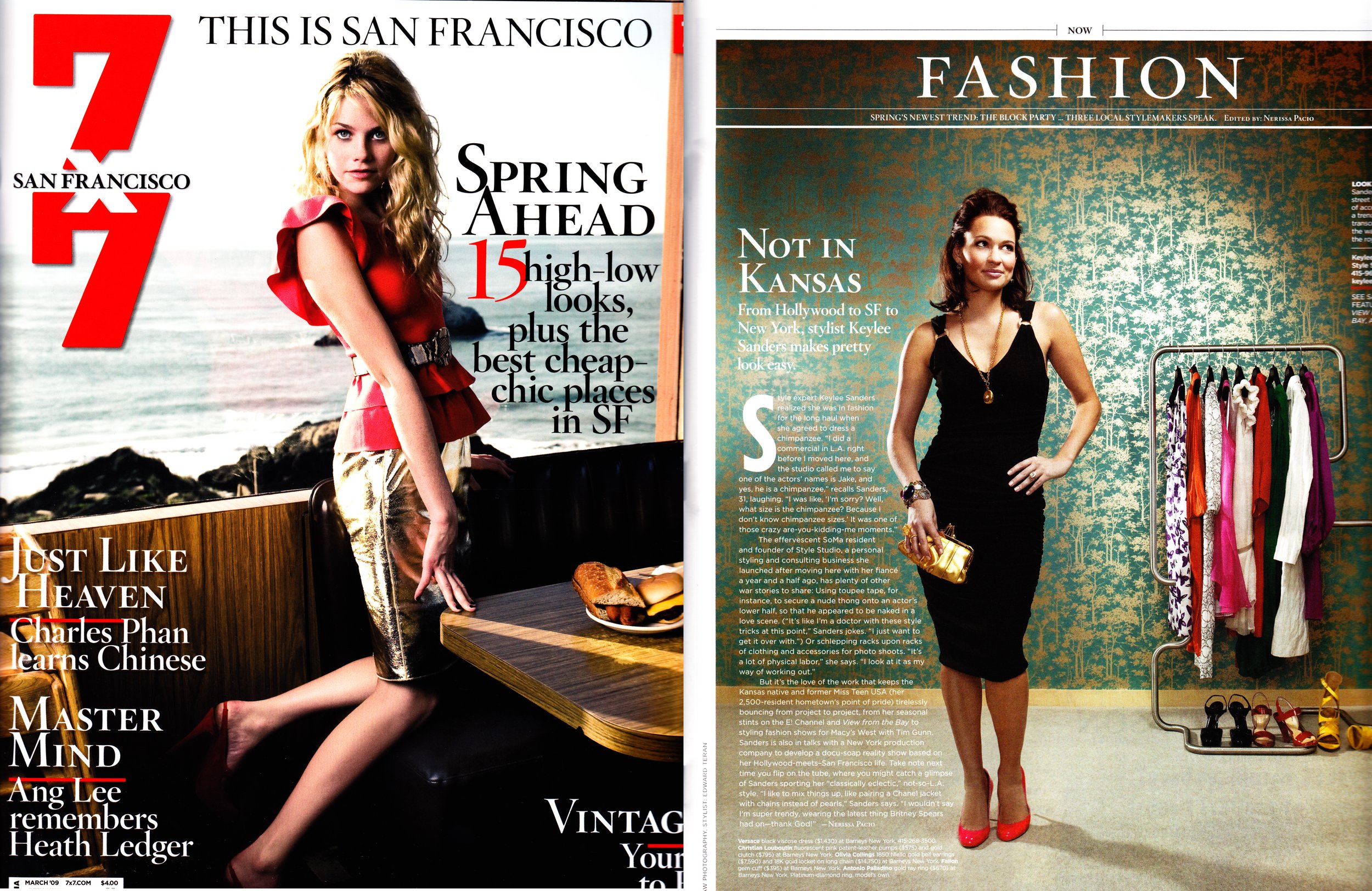 Magazine spread featuring two women modeling fashion. The left page shows a blonde woman in a red top and gold skirt by the seaside, with large red headline text and other articles. The right page has a brunette woman in a black top and red shoes standing beside a clothing rack with colorful dresses and skirts, with a blue and gold patterned background and fashion-related headlines.