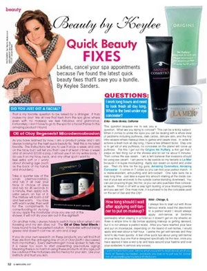 A beauty magazine page titled 'Beauty by Keylee' features tips for quick beauty fixes, including skincare questions and product recommendations. The page shows a woman with shoulder-length brown hair and a black-and-white striped top, posing with her hand near her face. There are images of skincare products, including a black tube and a white jar, alongside text explaining their uses and benefits.
