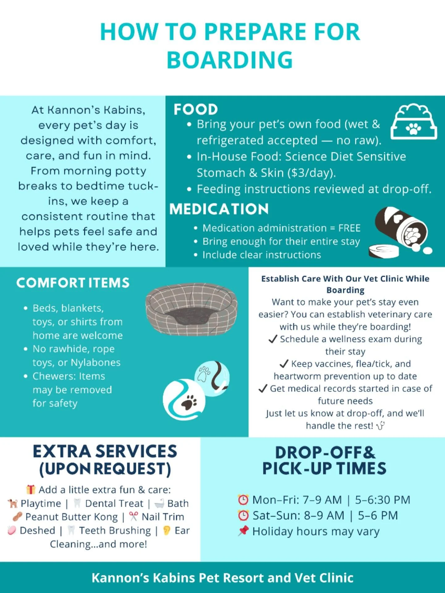 Heading out of town? Make your pet&rsquo;s boarding stay stress-free by bringing along their food, any medications, and a comfort item from home like a blanket, toy, or T-shirt that smells like you 💙. Our team will review feeding and care instructio