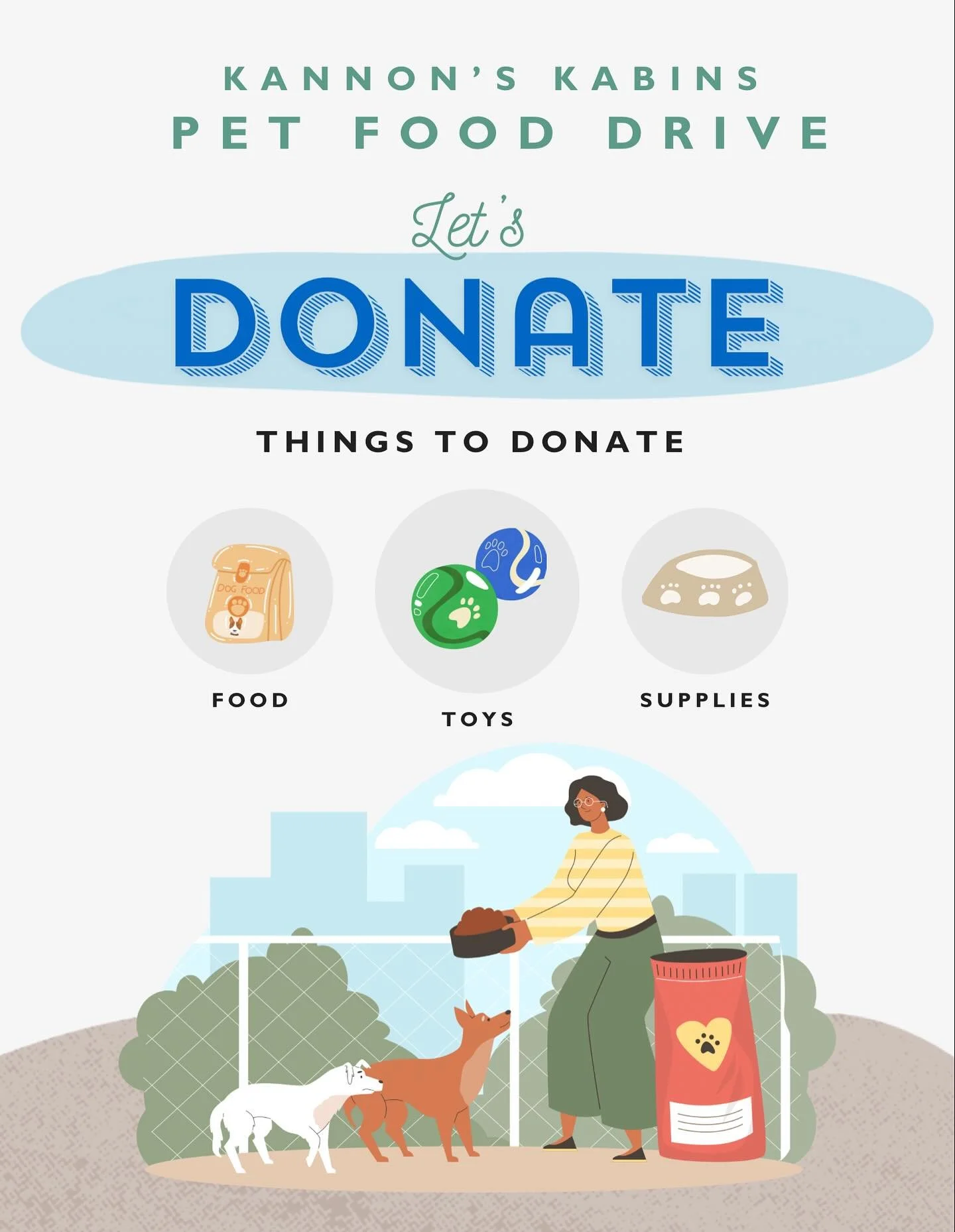 🐾🧡 Pet Food Drive! 🧡🐾 

This November, we&rsquo;re giving back! Drop off pet food and other donations at Kannon&rsquo;s Kabins now through December 1st. 

All food will be donated to local rescues in need. 

Because every pet deserves a full bowl
