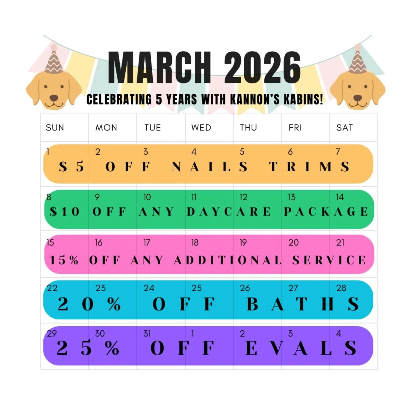 To celebrate 5 amazing years of Kannon&rsquo;s Kabins, we&rsquo;re offering a different special each week in March! 🐾

From discounted nail trims to bath specials and daycare deals, there&rsquo;s something for every pup this month.

Thank you for su