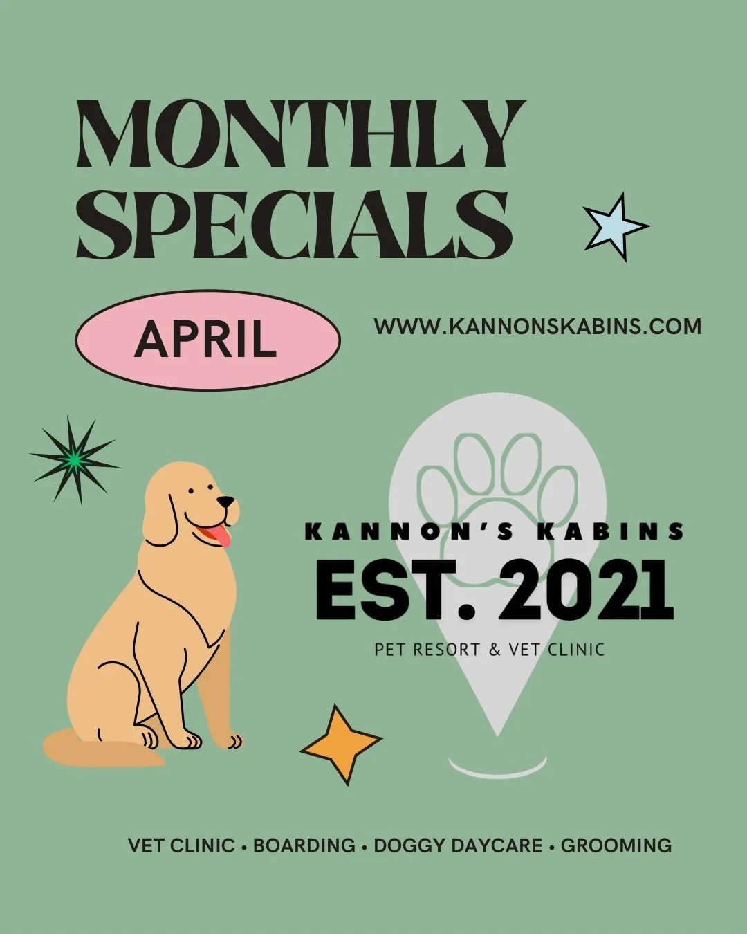 This April there&rsquo;s a special for every service - Boarding/Daycare, Grooming, &amp; Vet! 💐🫶🤩
