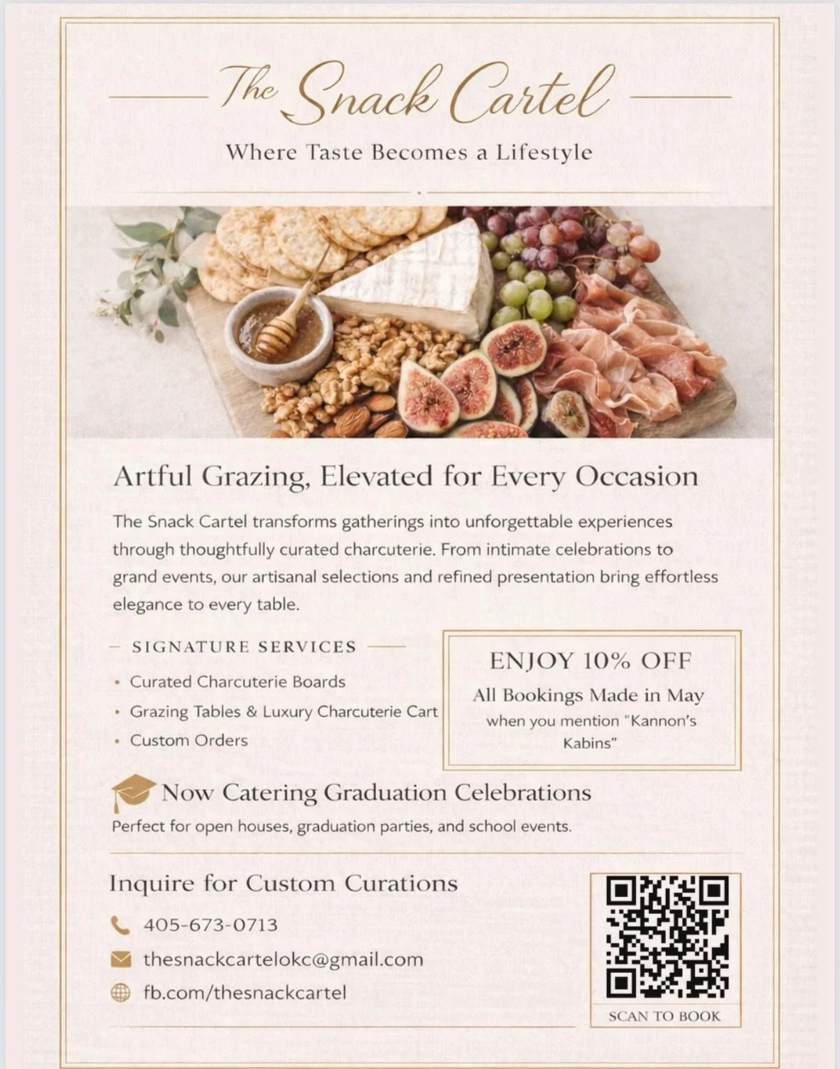 Graduation season is coming up and The Snack Cartel is offering our clients an exclusive 10% discount! 🤩

Besty, the owner is the sweetest and goes above and beyond to make her catering services special for you and your guests. Not only can you rent