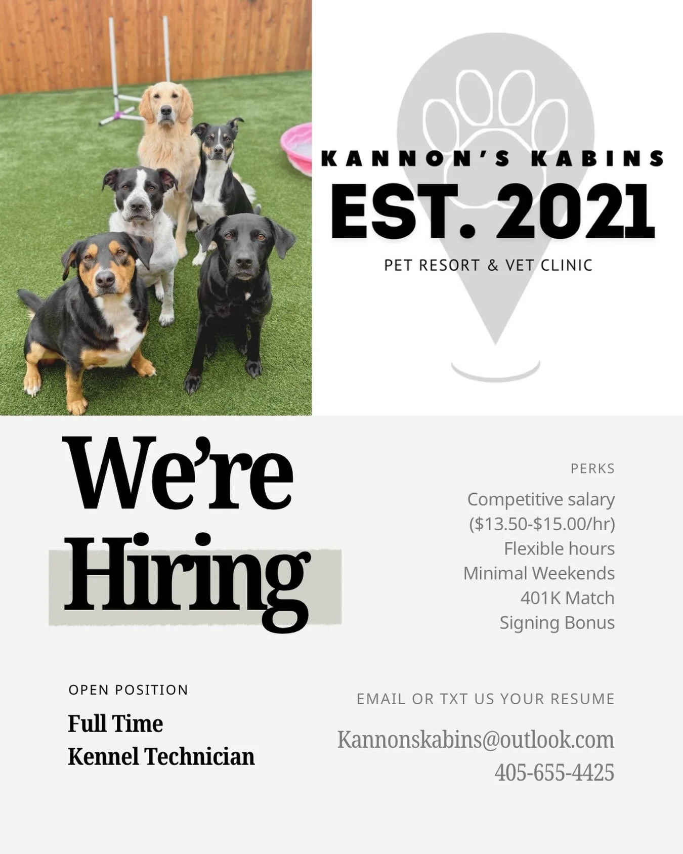 We&rsquo;re hiring at Kannon&rsquo;s Kabins! The position is for a Full Time Kennel Technician (30-40 hrs/week). We are an all-in-one pet care facility and operate in conjunction with our sister company, Kannon&rsquo;s Kabins Veterinary Clinic. Our o