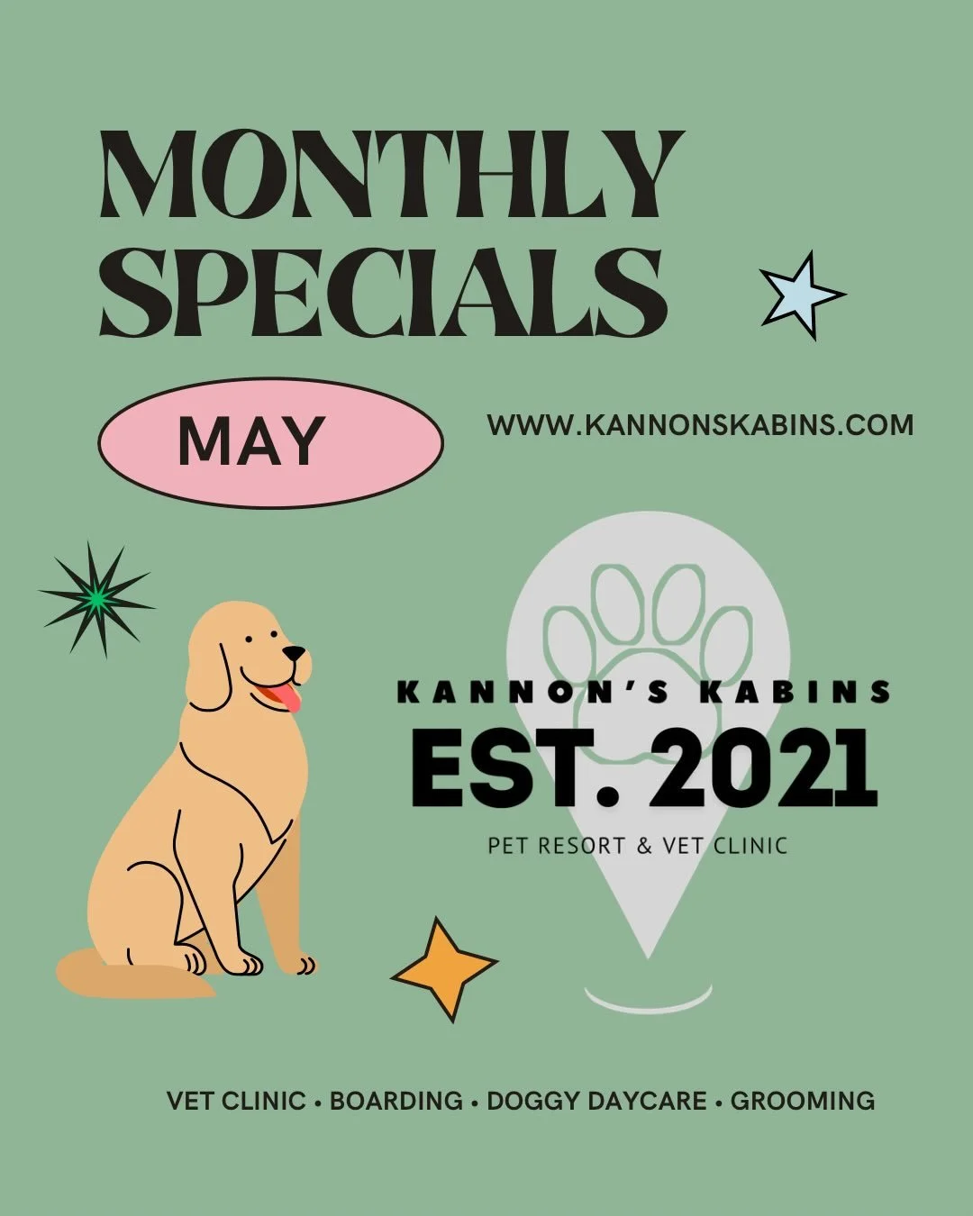 🐾 MAY SAVINGS ARE HERE 🐾

We&rsquo;re bringing the deals all month long&mdash;don&rsquo;t miss out!

✨ Vet Special
Get 20% OFF when you purchase a 4DX test + at least 3 months of flea, tick &amp; heartworm prevention

✨ Boarding Add-On Deal
Nail tr