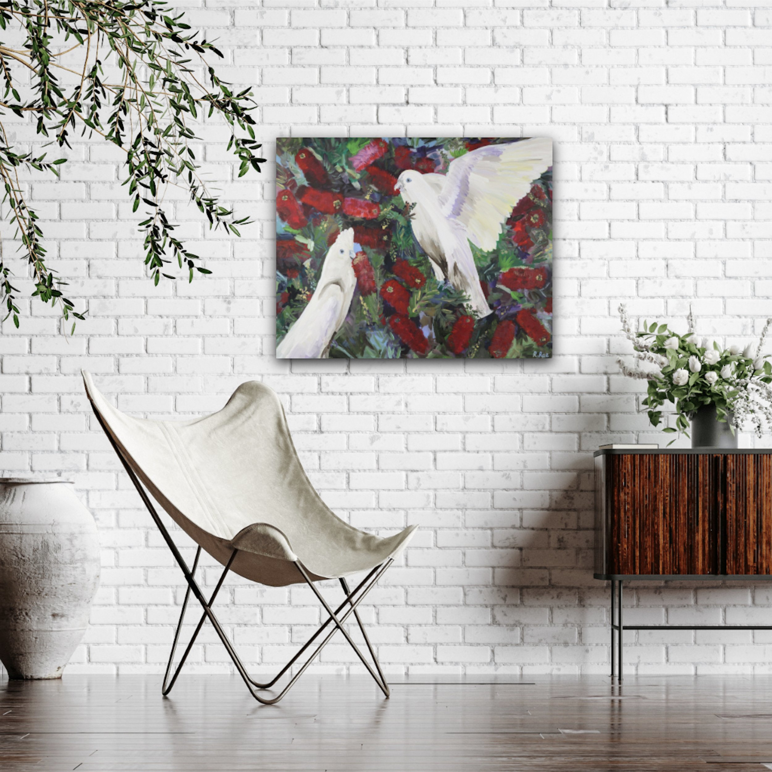 White Corellas in the Red Bottle Brush Insitu Original Artwork by Rachel Rae Art