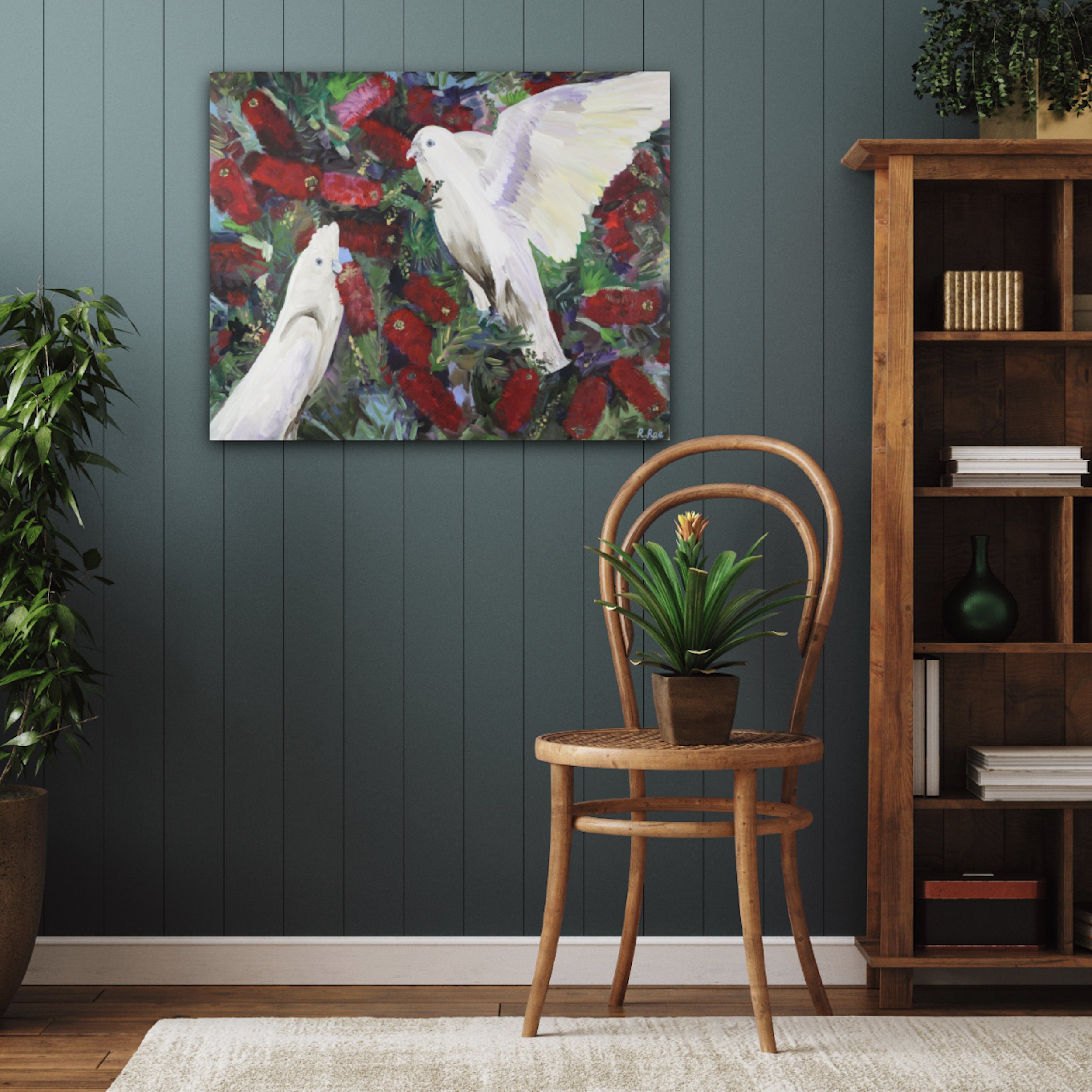 White Corellas in the Red Bottle Brush Insitu Original Artwork by Rachel Rae Art