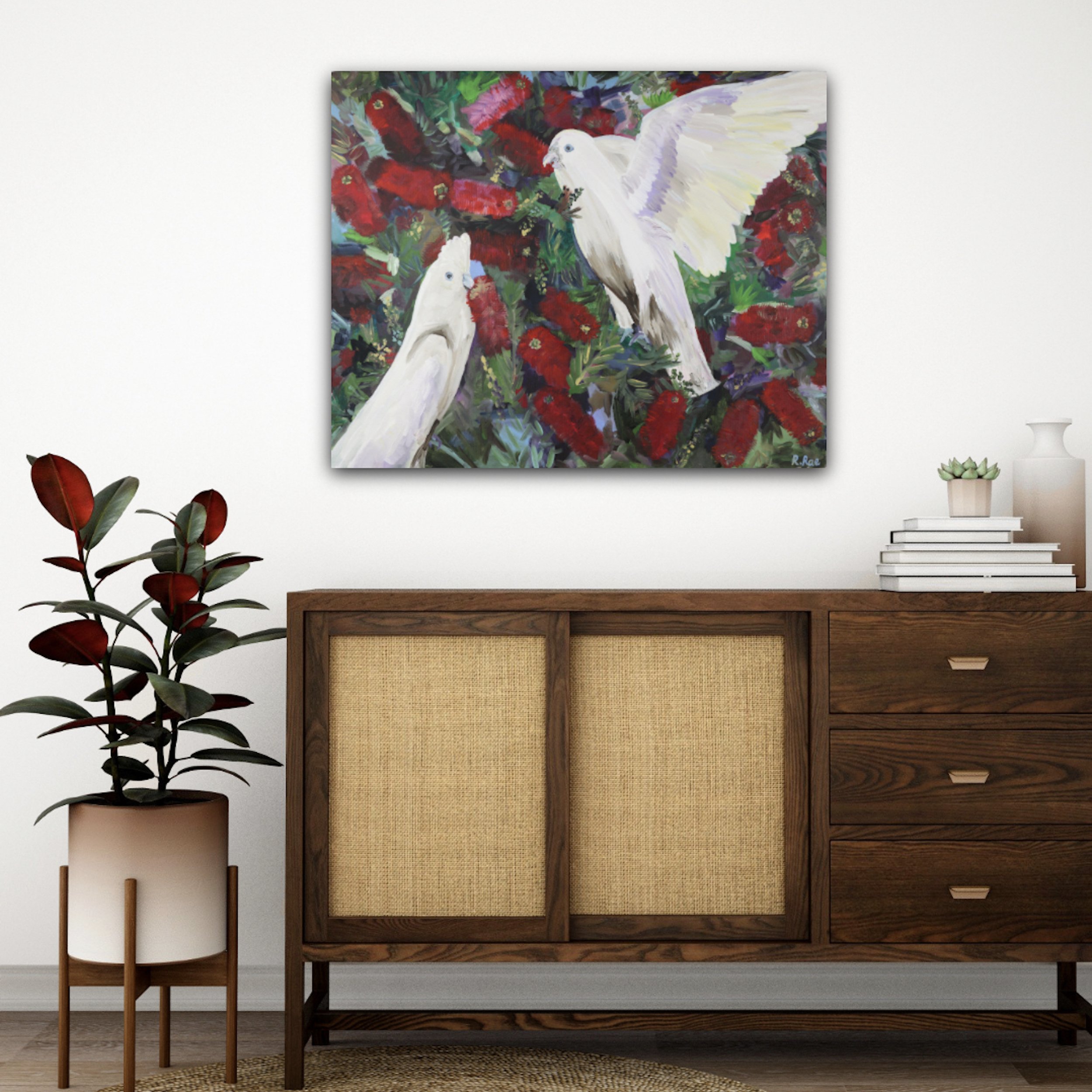 White Corellas in the Red Bottle Brush Insitu Original Artwork by Rachel Rae Art