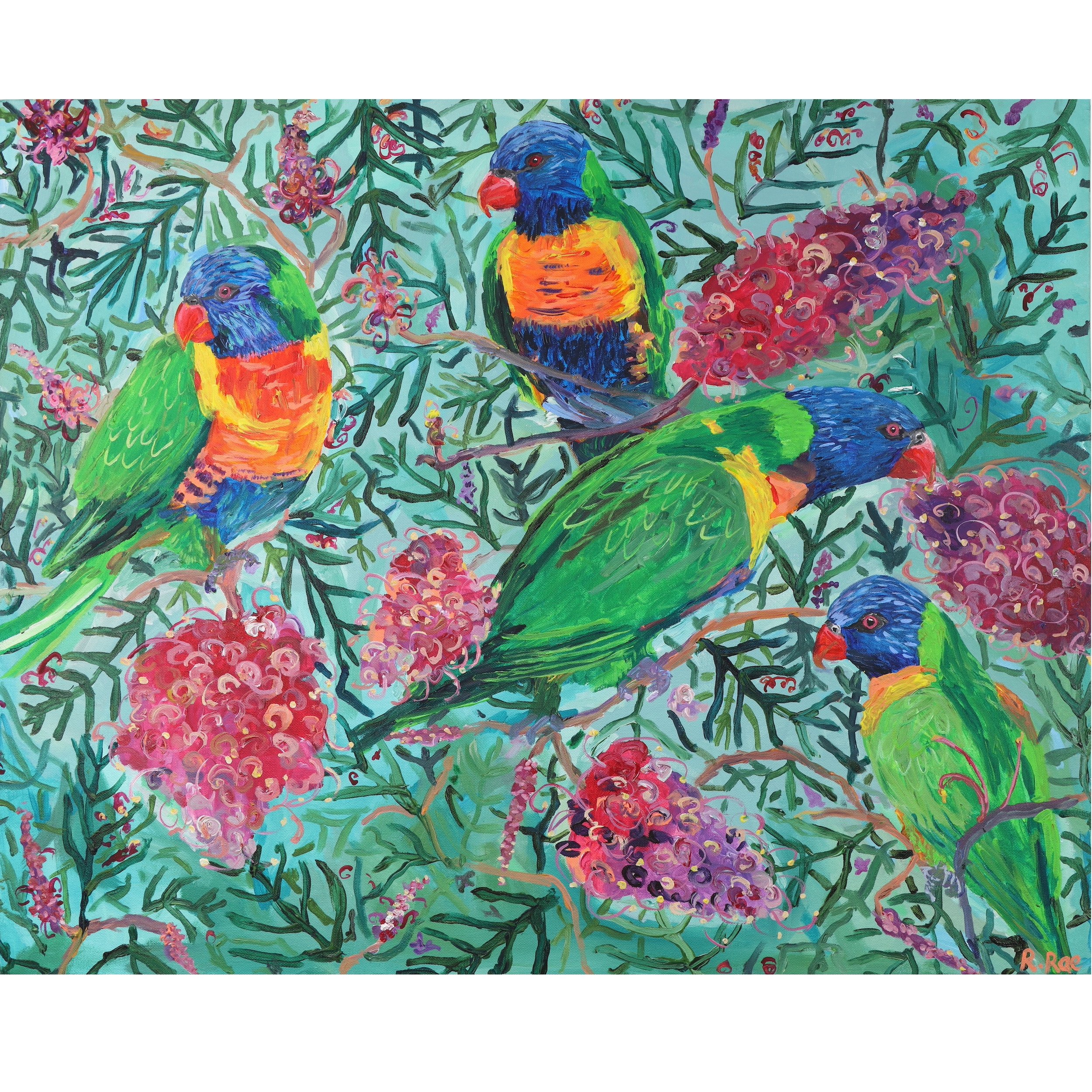 Original Painting Artwork by Rachel Rae Art - Rainbow Lorikeets in the Grevilleas