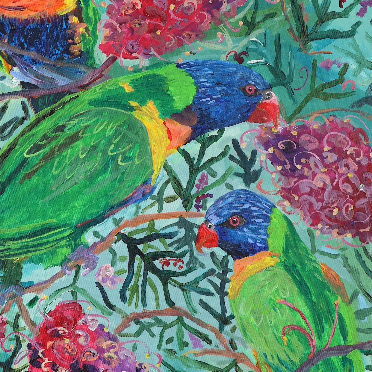Original Painting Artwork by Rachel Rae Art - Rainbow Lorikeets in the Grevilleas Closeup