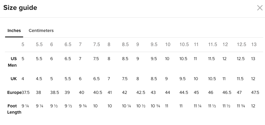 Mens Hi Top Shoe Size Chart