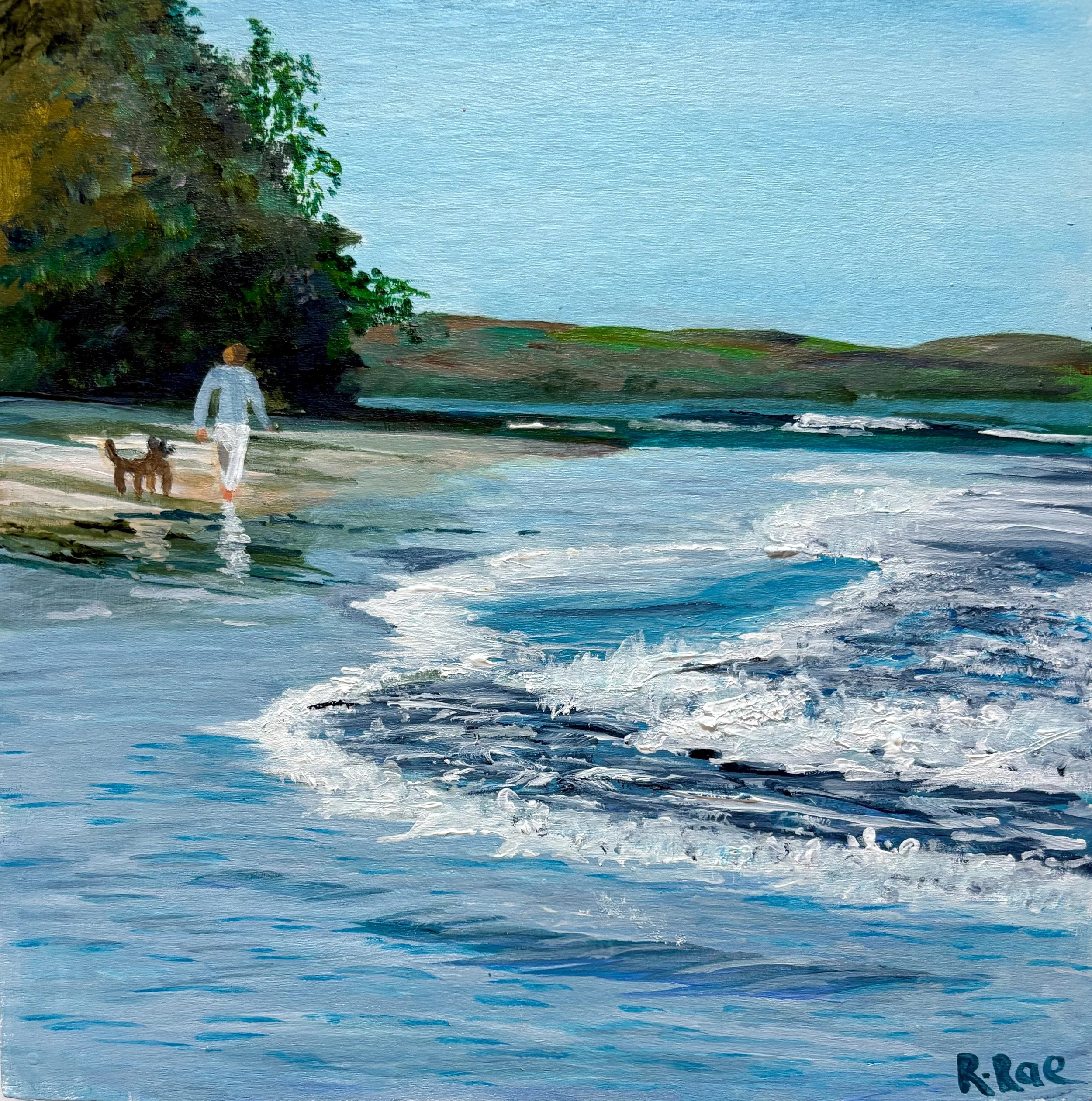 Original coastal painting of woman walking dog along beach with waves by Australian artist Rachel Rae