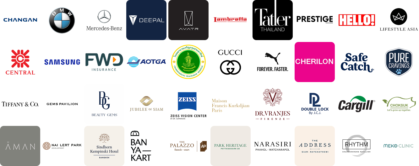 A collage of various brand logos, including BMW, Mercedes-Benz, Lamborghini, Gucci, Samsung, and others.