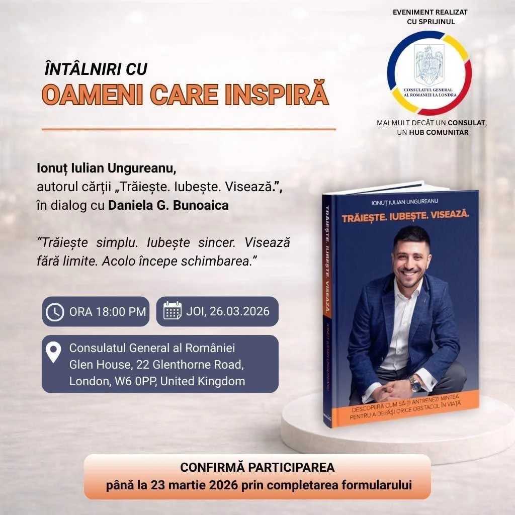 Vă invitam la o &icirc;nt&acirc;lnire cu autorul cărții &bdquo;Trăiește. Iubește. Visează.&rdquo;, Ionut Iulian Ungureanu, despre viziune, curaj și dezvoltare personală joi 26 martie.

&Icirc;nscriere pe pagina:

https://www.eventbrite.co.uk/e/intaln