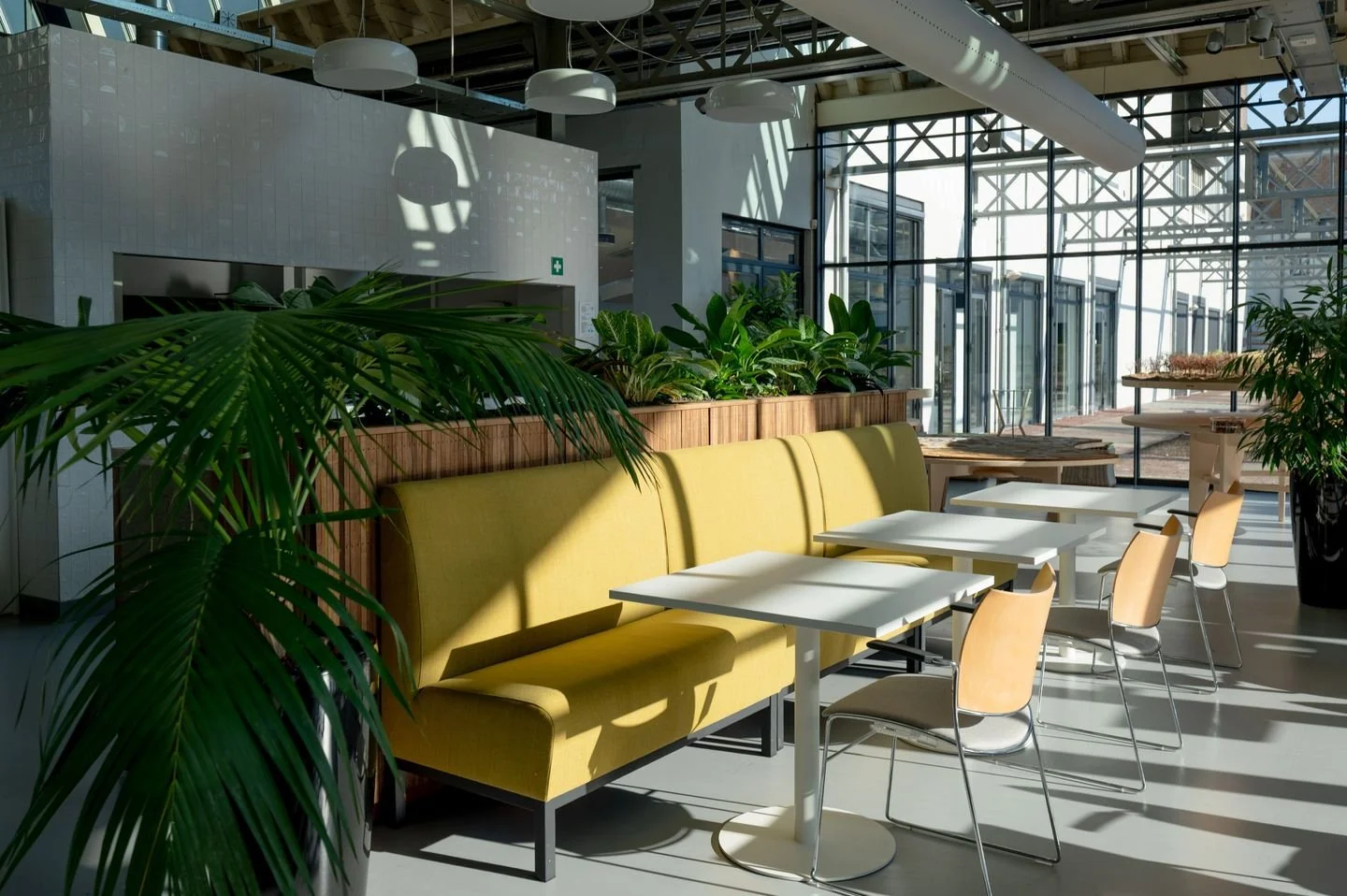Duurzame kantoorinrichting van kantine met circulair interieur en hergebruikte materialen