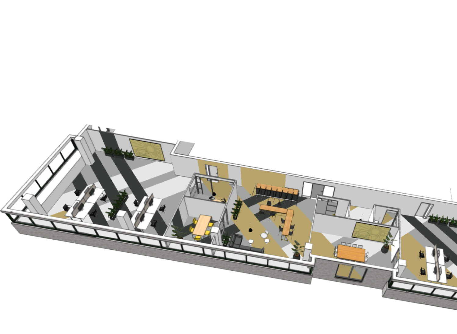 3D-tekening van een moderne kantoorruimte met werkplekken, vergadertafels, lounge-plekken, planten en grote ramen.