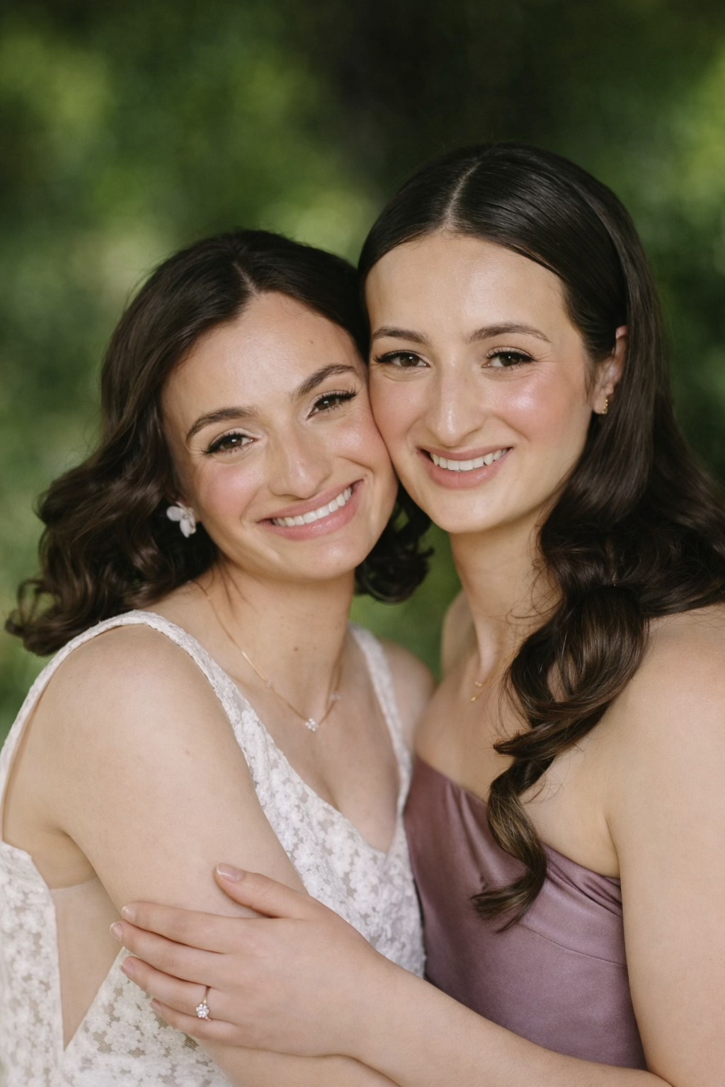Two women smiling, embracing each other, outdoors with a green background, one in a white lace dress and the other in a mauve dress.